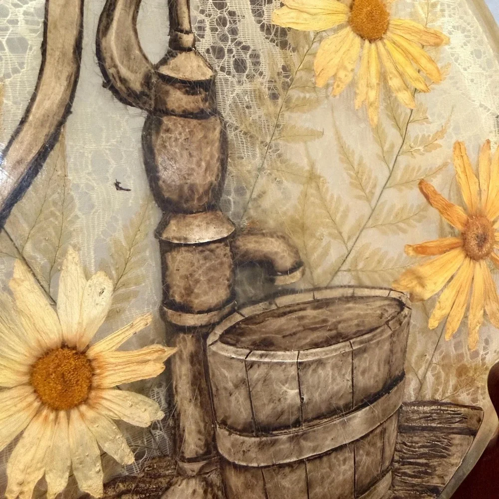 Vintage Lucite Resin‎ Trivet Hand Painted Water Pump Daisies Cottagecore 8